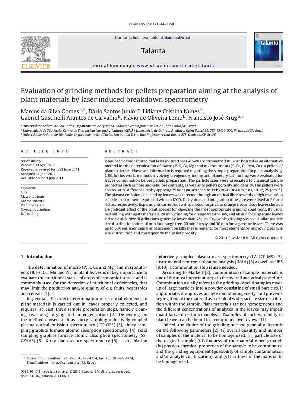 Evaluation of grinding methods for pellets preparation aiming at the analysis of plant materials by laser induced breakdown spectrometry