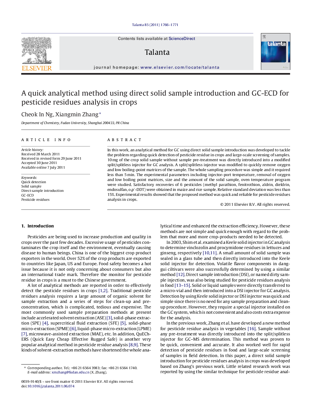عکس صفحه اول مقاله: A quick analytical method using direct solid sample introduction and GC-ECD for pesticide residues analysis in crops A quick analytical method using direct solid sample introduction and GC-ECD for pesticide residues analysis in crops