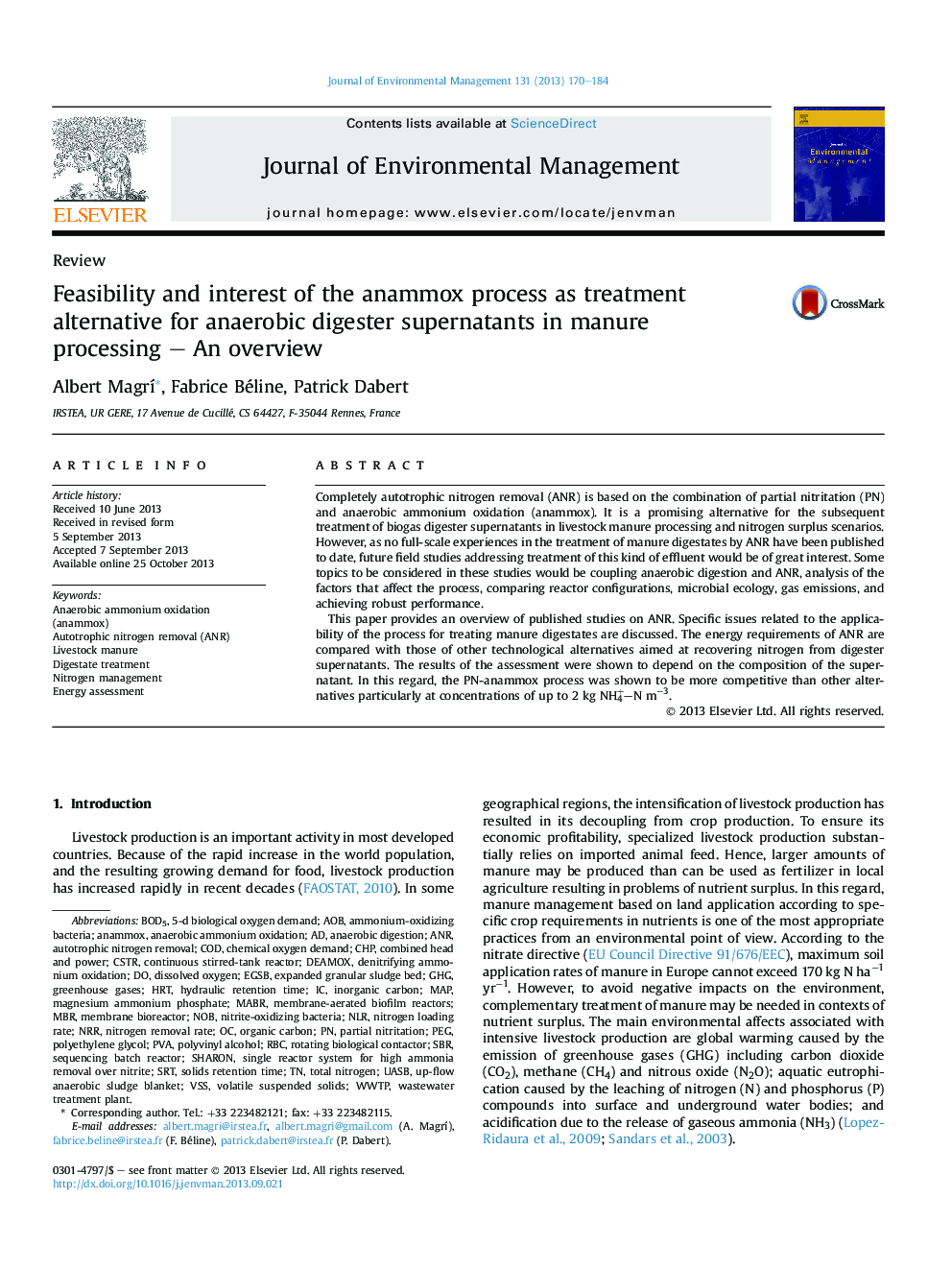 Feasibility and interest of the anammox process as treatment alternative for anaerobic digester supernatants in manure processing – An overview