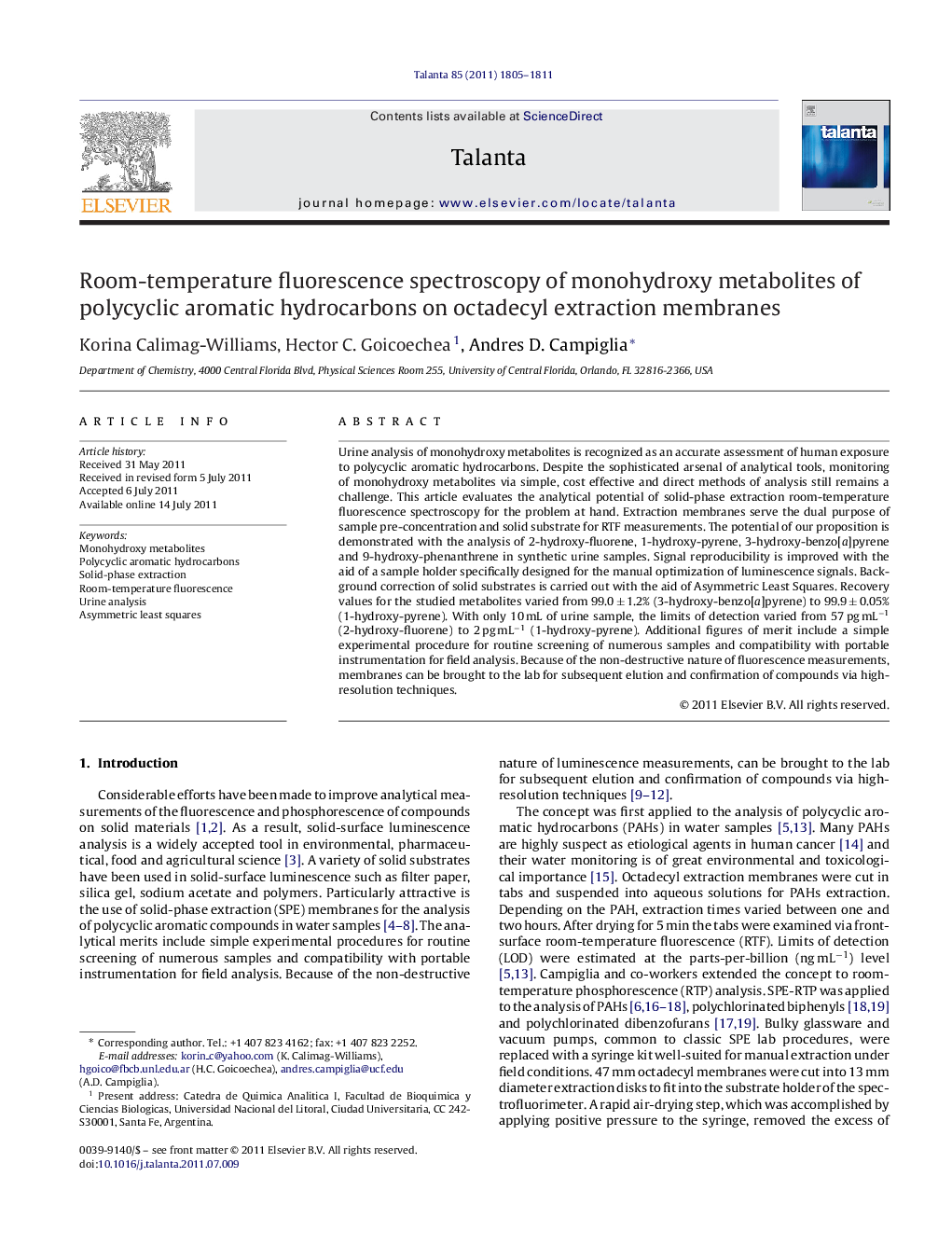 Room-temperature fluorescence spectroscopy of monohydroxy metabolites of polycyclic aromatic hydrocarbons on octadecyl extraction membranes