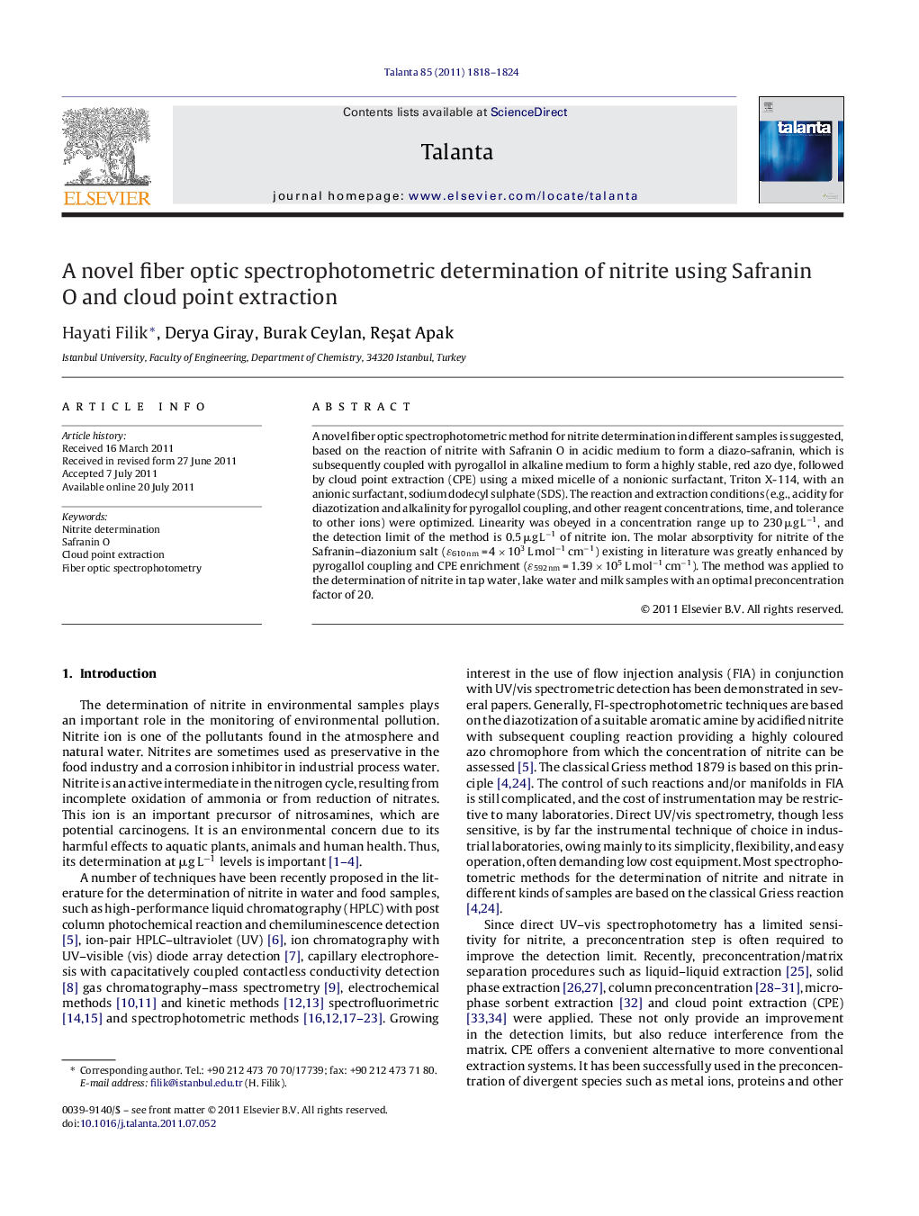 A novel fiber optic spectrophotometric determination of nitrite using Safranin O and cloud point extraction