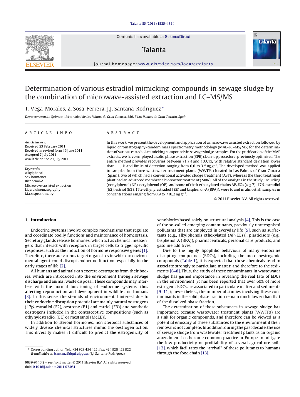 Determination of various estradiol mimicking-compounds in sewage sludge by the combination of microwave-assisted extraction and LC-MS/MS