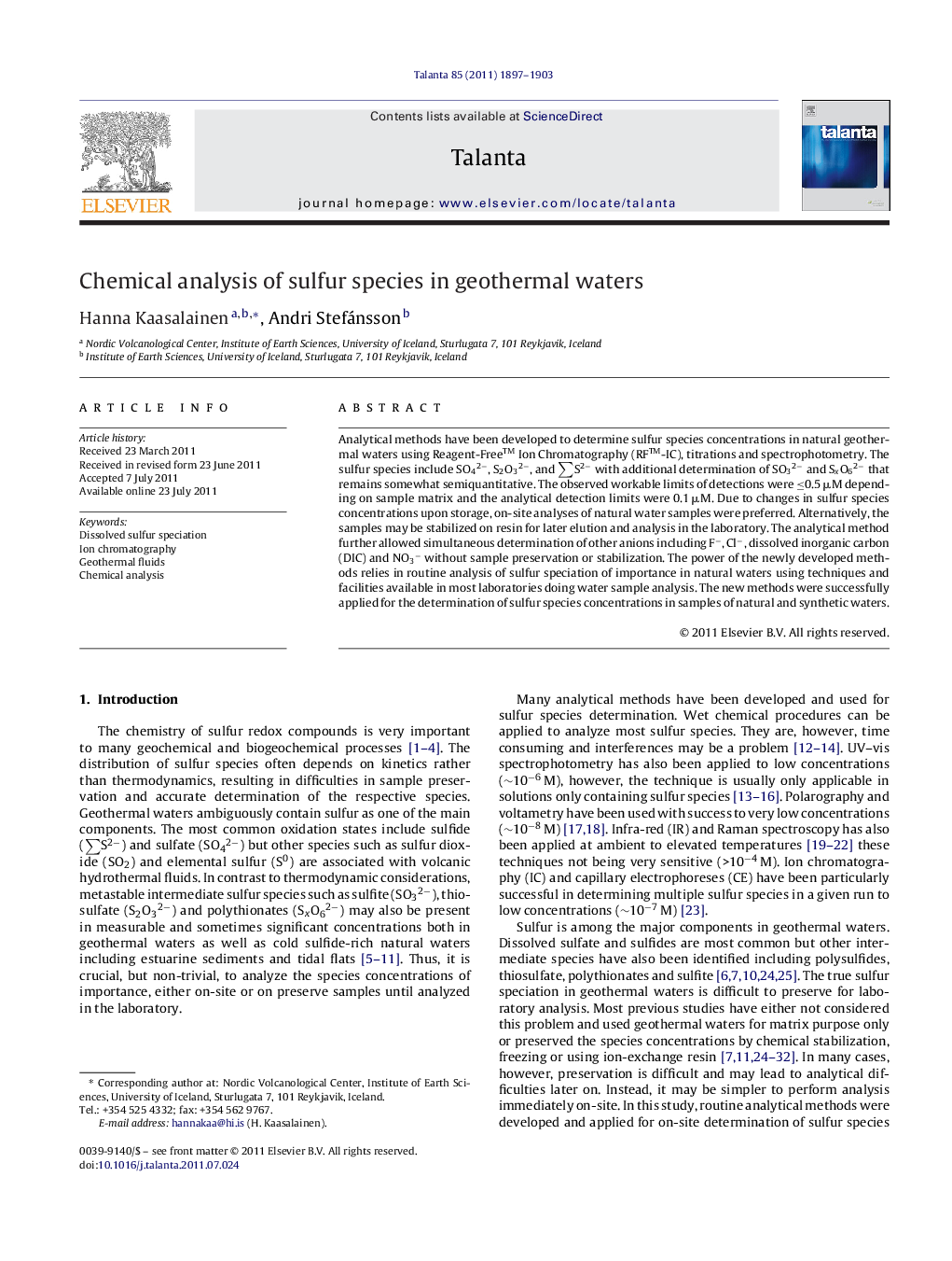 Chemical analysis of sulfur species in geothermal waters