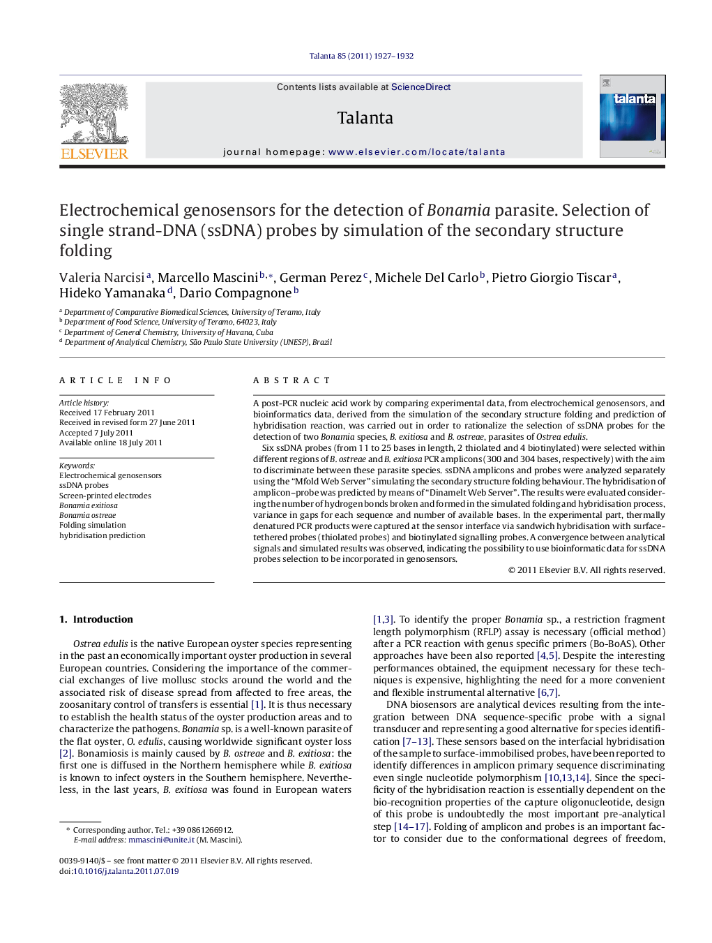 Electrochemical genosensors for the detection of Bonamia parasite. Selection of single strand-DNA (ssDNA) probes by simulation of the secondary structure folding