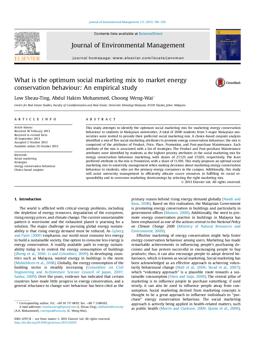 What is the optimum social marketing mix to market energy conservation behaviour: An empirical study