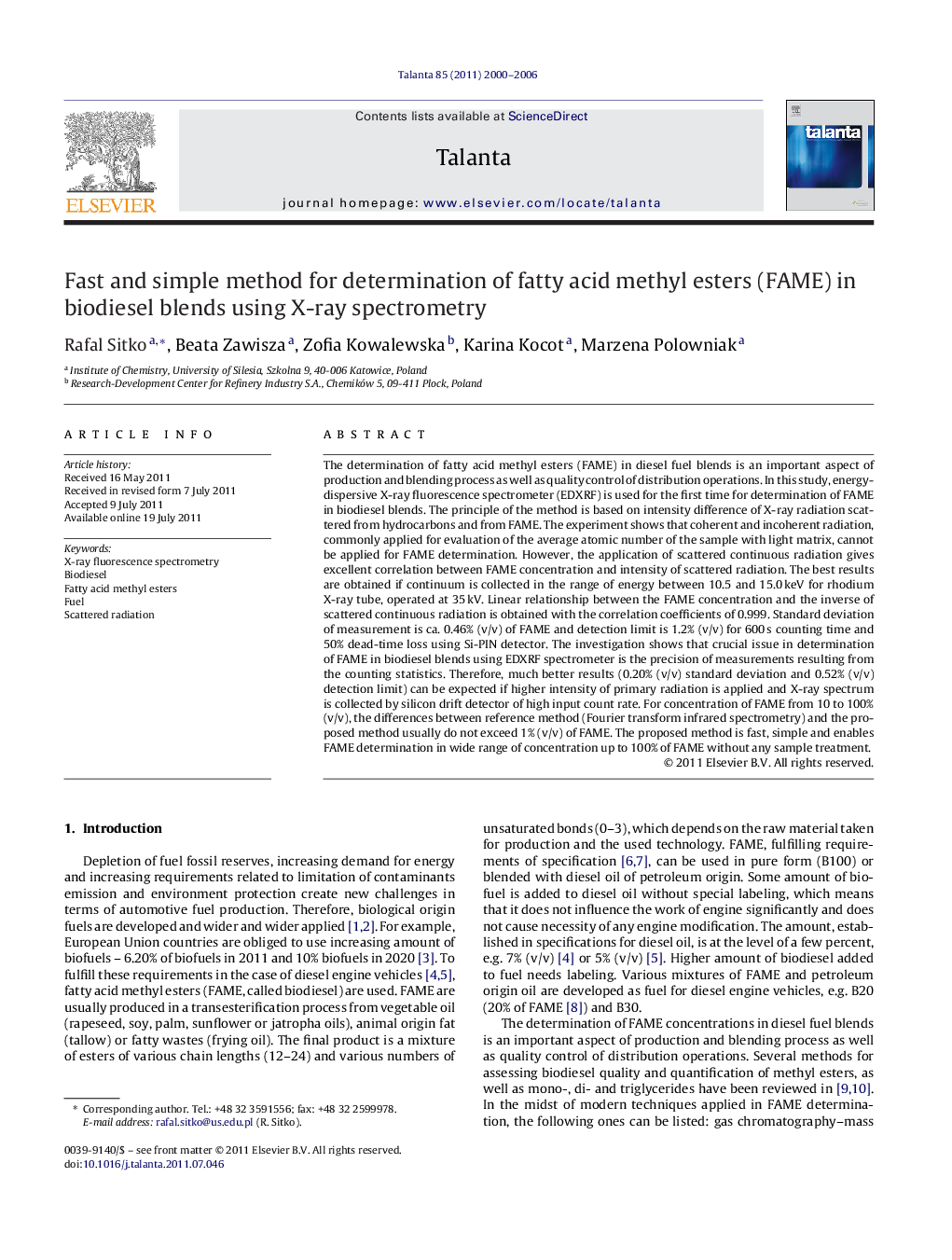 Fast and simple method for determination of fatty acid methyl esters (FAME) in biodiesel blends using X-ray spectrometry