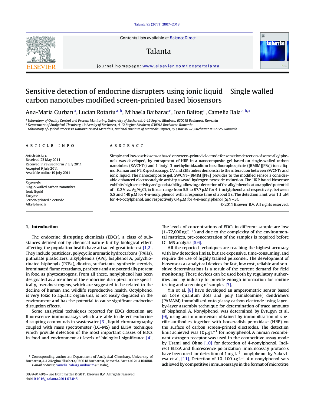 Sensitive detection of endocrine disrupters using ionic liquid - Single walled carbon nanotubes modified screen-printed based biosensors