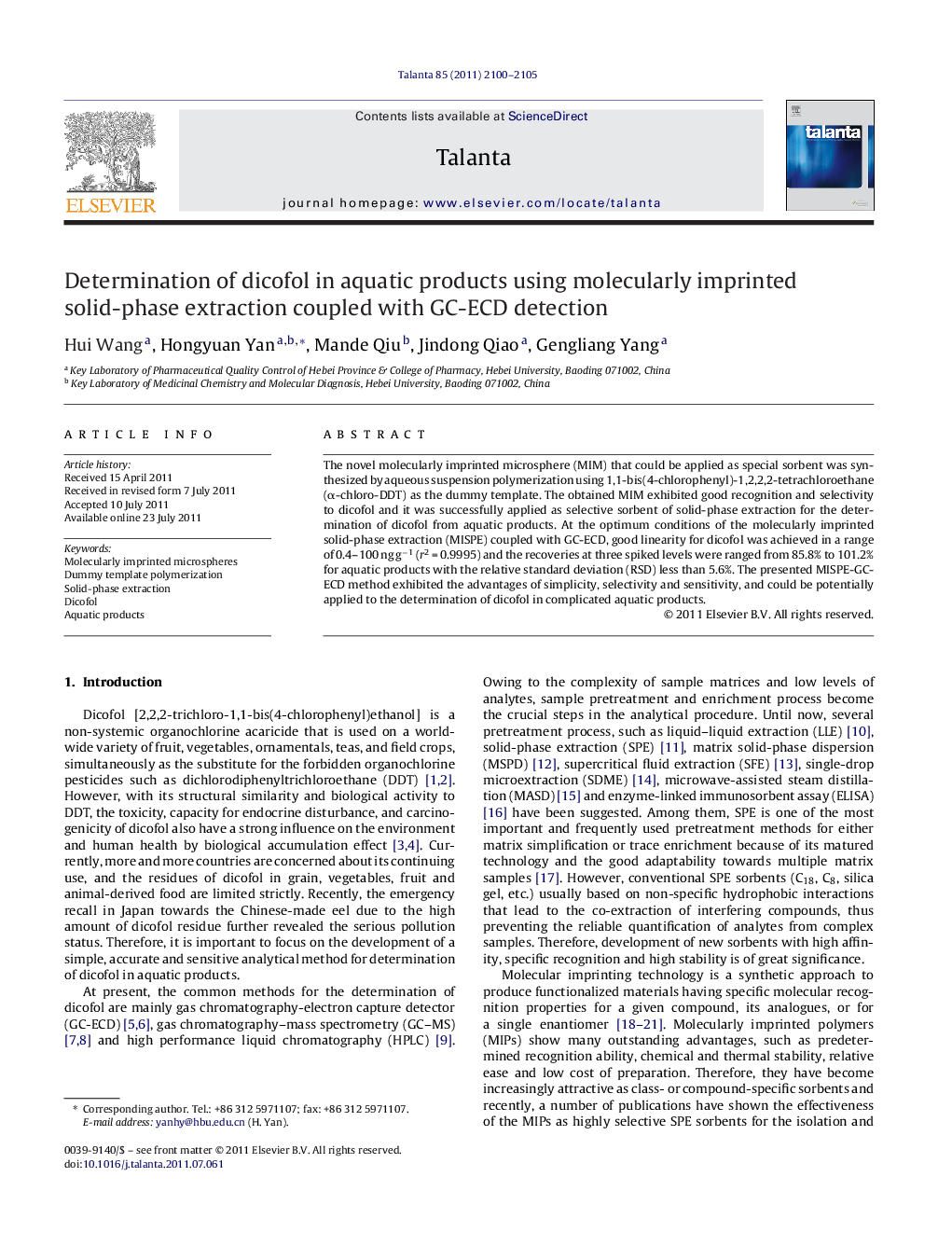 Determination of dicofol in aquatic products using molecularly imprinted solid-phase extraction coupled with GC-ECD detection