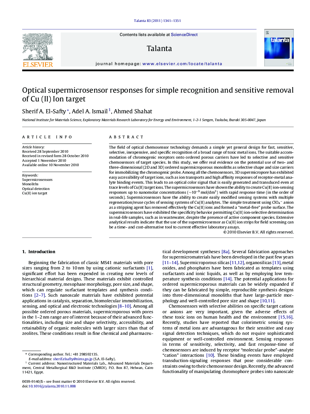 Optical supermicrosensor responses for simple recognition and sensitive removal of Cu (II) Ion target