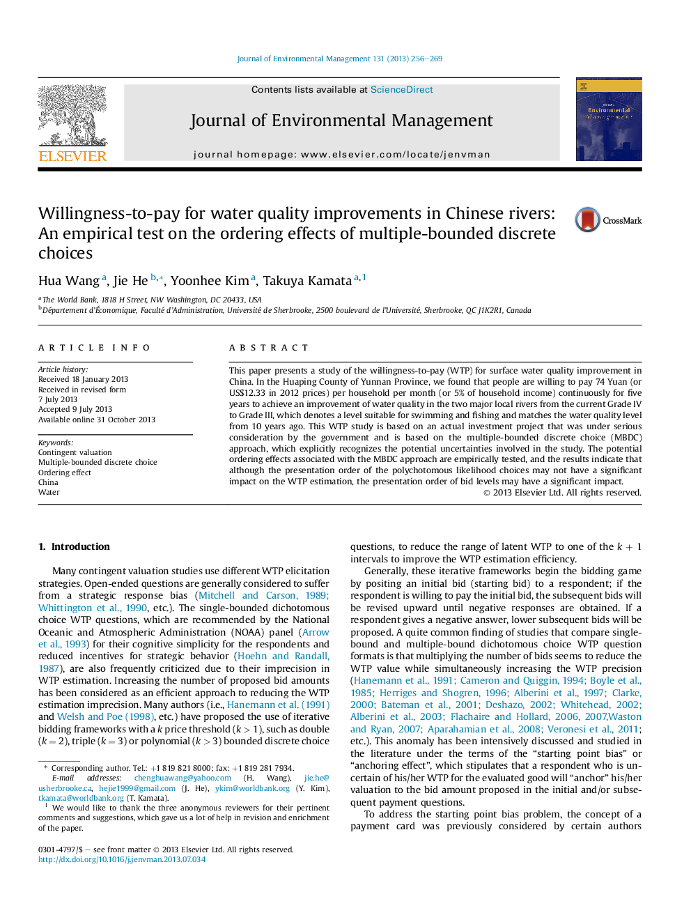 Willingness-to-pay for water quality improvements in Chinese rivers: An empirical test on the ordering effects of multiple-bounded discrete choices