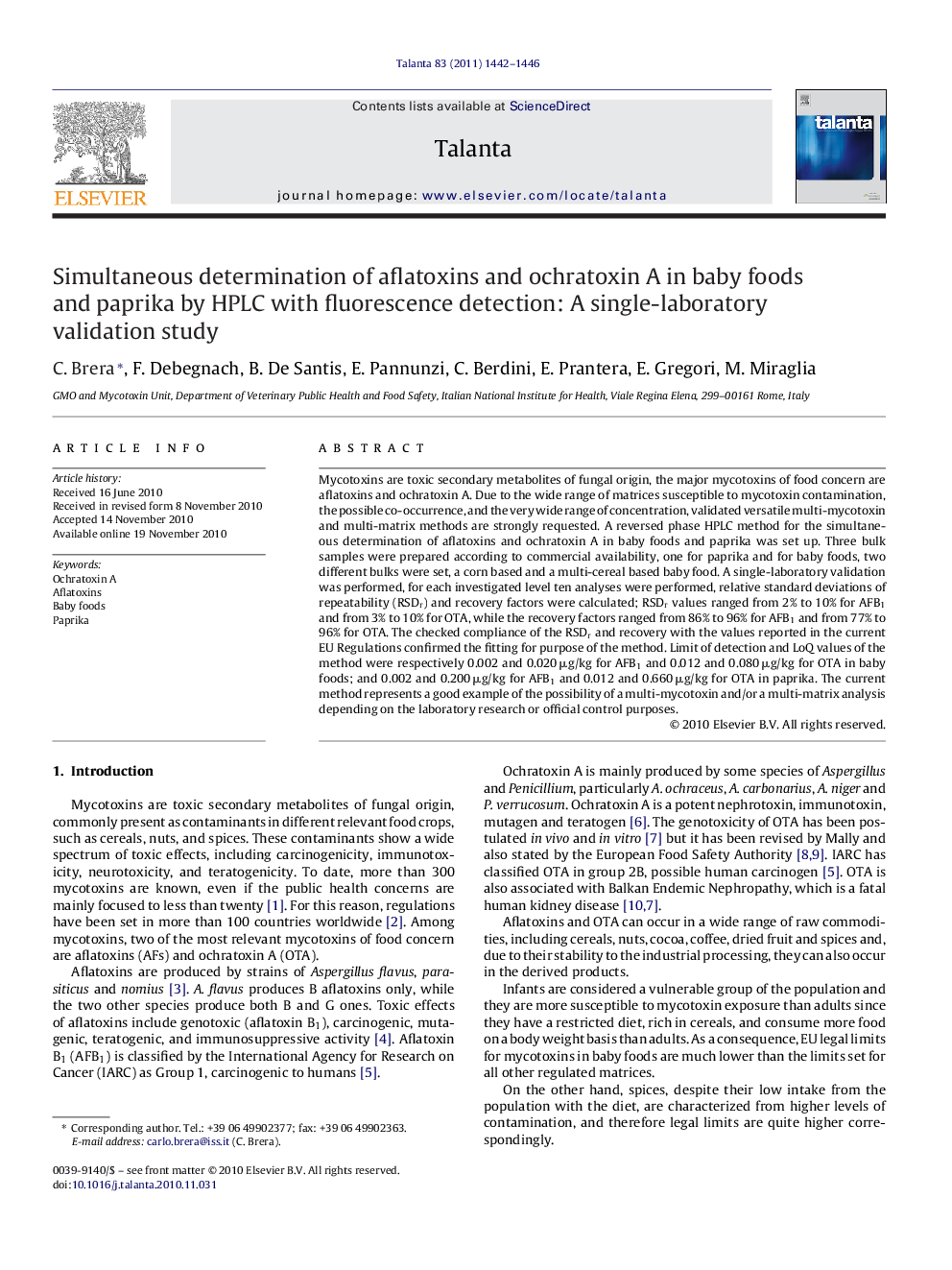 Simultaneous determination of aflatoxins and ochratoxin A in baby foods and paprika by HPLC with fluorescence detection: A single-laboratory validation study