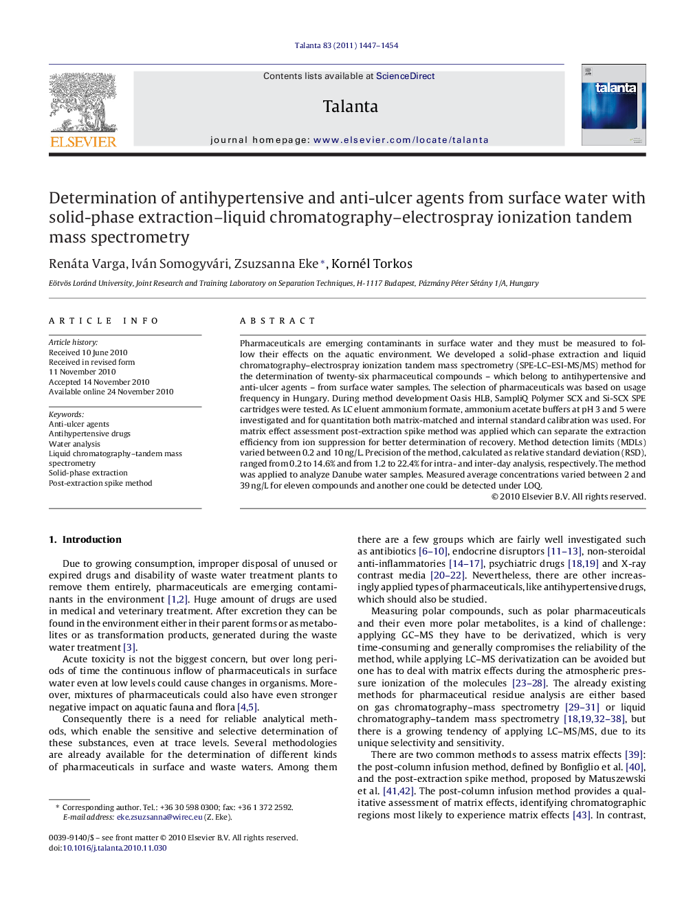 Determination of antihypertensive and anti-ulcer agents from surface water with solid-phase extraction-liquid chromatography-electrospray ionization tandem mass spectrometry