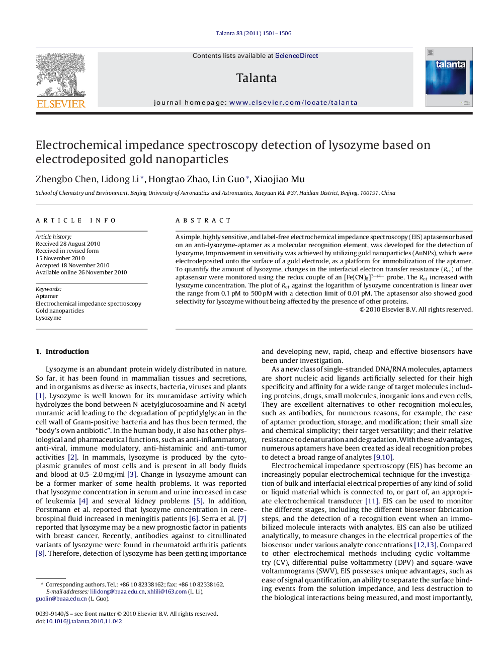 Electrochemical impedance spectroscopy detection of lysozyme based on electrodeposited gold nanoparticles