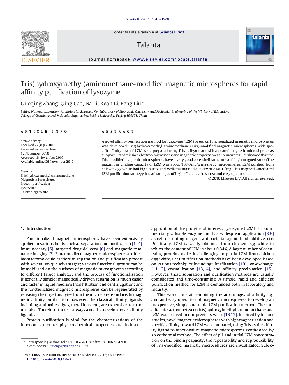 Tris(hydroxymethyl)aminomethane-modified magnetic microspheres for rapid affinity purification of lysozyme