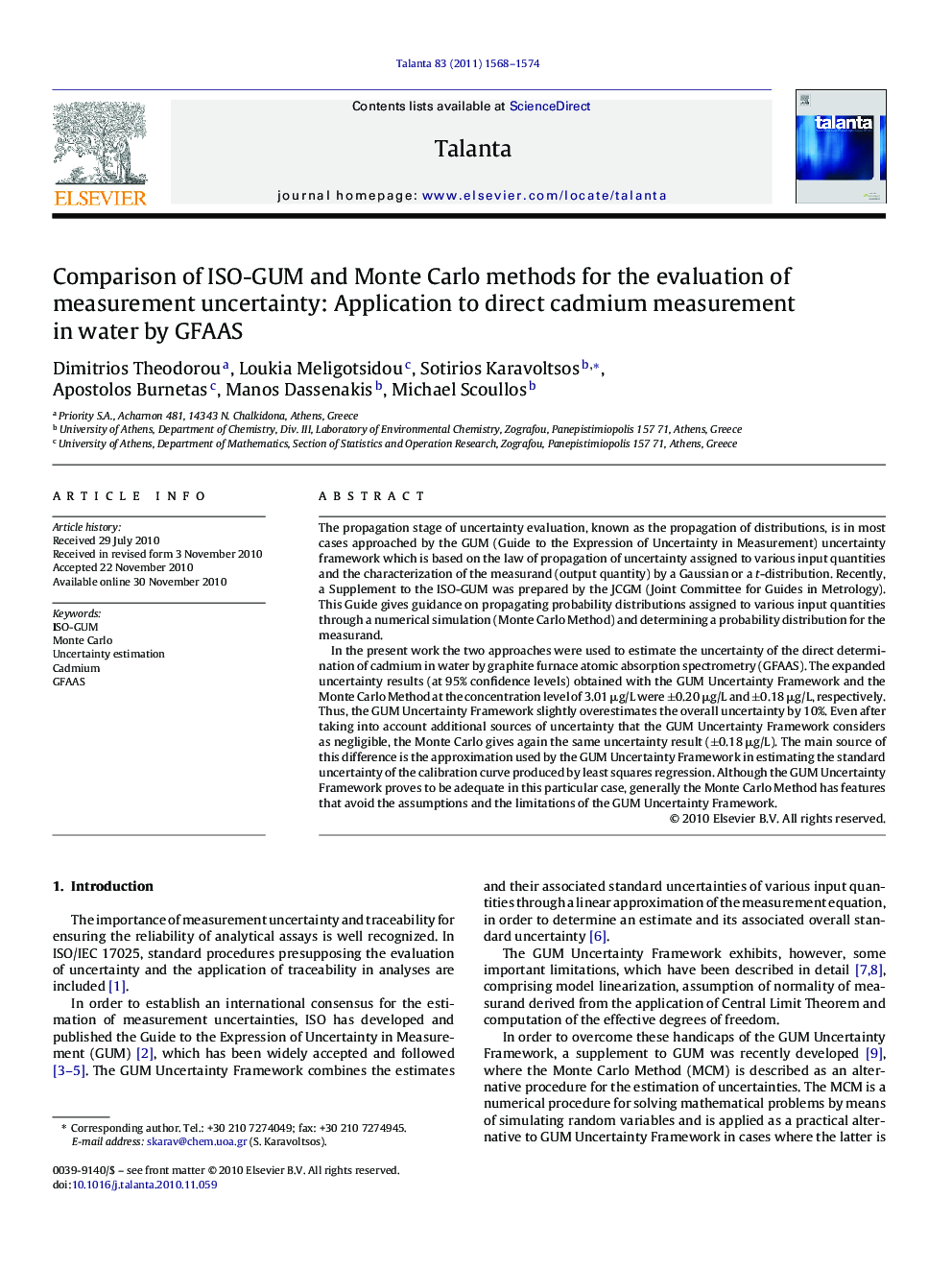 Comparison of ISO-GUM and Monte Carlo methods for the evaluation of measurement uncertainty: Application to direct cadmium measurement in water by GFAAS