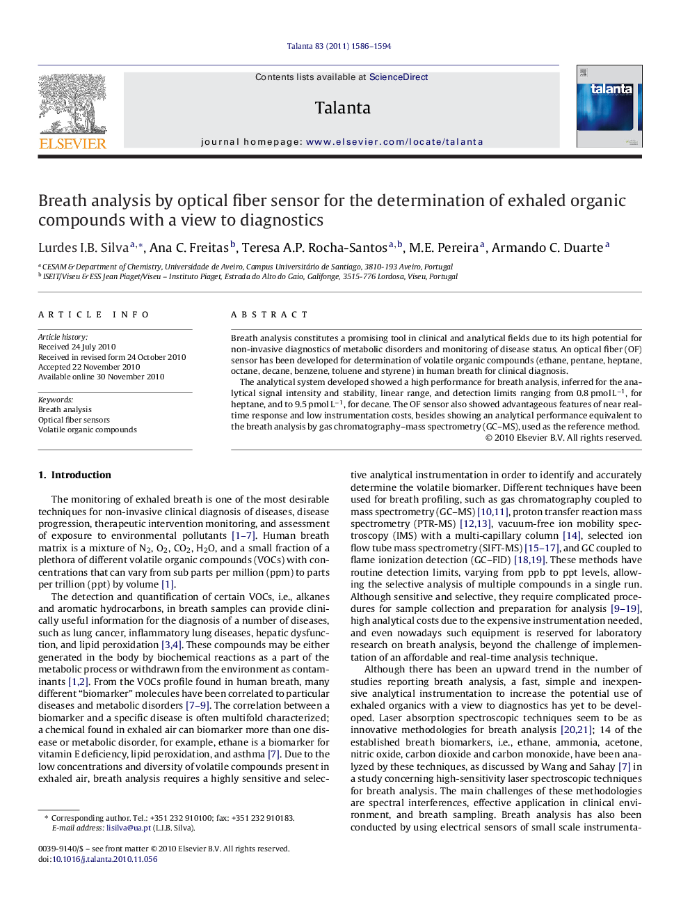 Breath analysis by optical fiber sensor for the determination of exhaled organic compounds with a view to diagnostics