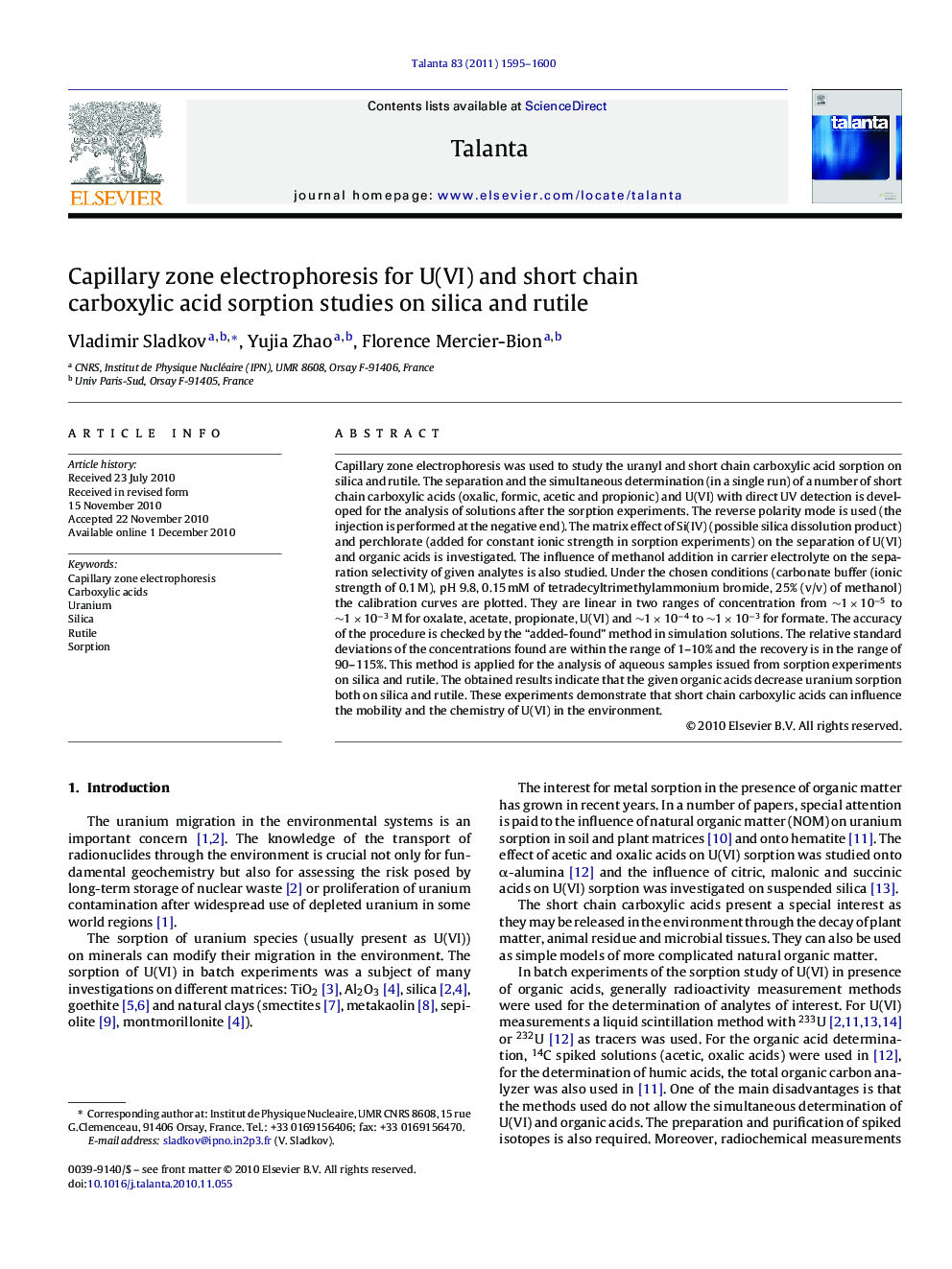 Capillary zone electrophoresis for U(VI) and short chain carboxylic acid sorption studies on silica and rutile