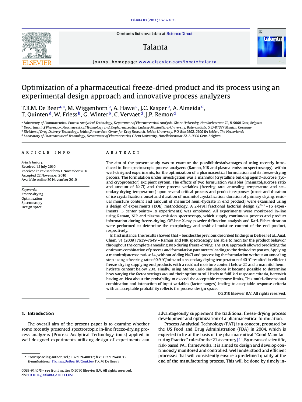 Optimization of a pharmaceutical freeze-dried product and its process using an experimental design approach and innovative process analyzers