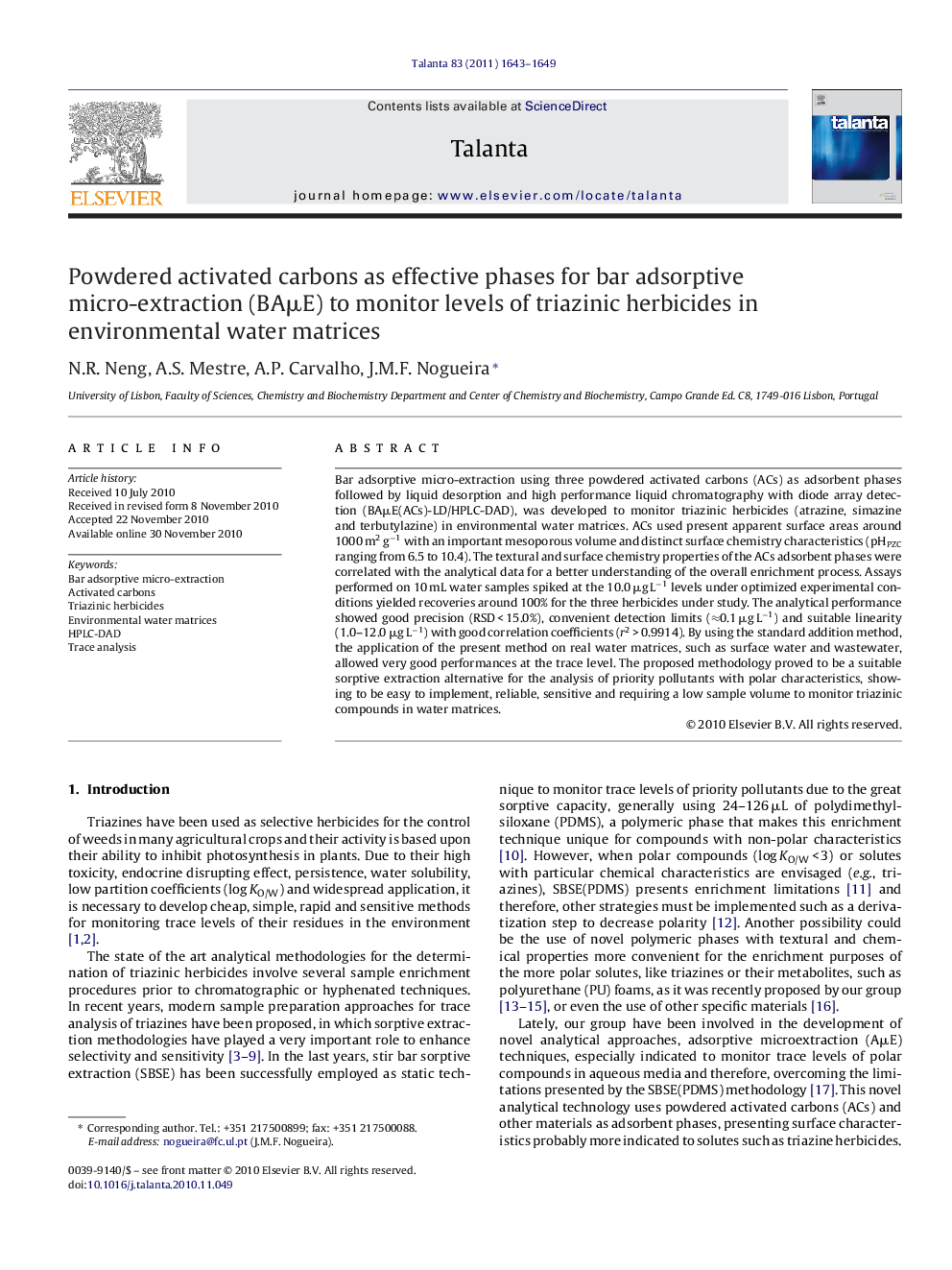 Powdered activated carbons as effective phases for bar adsorptive micro-extraction (BAÎ¼E) to monitor levels of triazinic herbicides in environmental water matrices