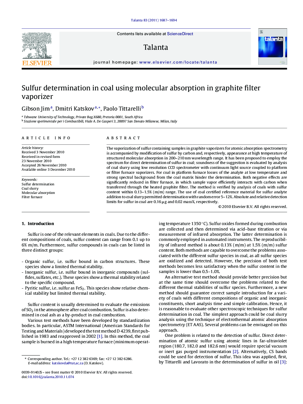 Sulfur determination in coal using molecular absorption in graphite filter vaporizer