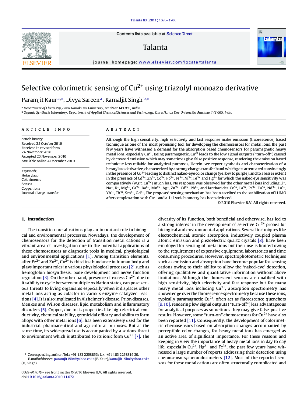 Selective colorimetric sensing of Cu2+ using triazolyl monoazo derivative