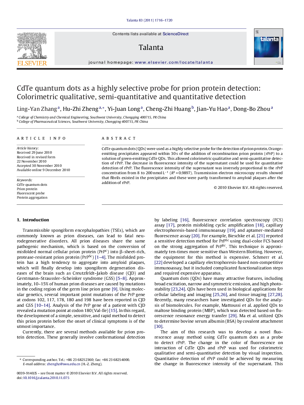 CdTe quantum dots as a highly selective probe for prion protein detection: Colorimetric qualitative, semi-quantitative and quantitative detection