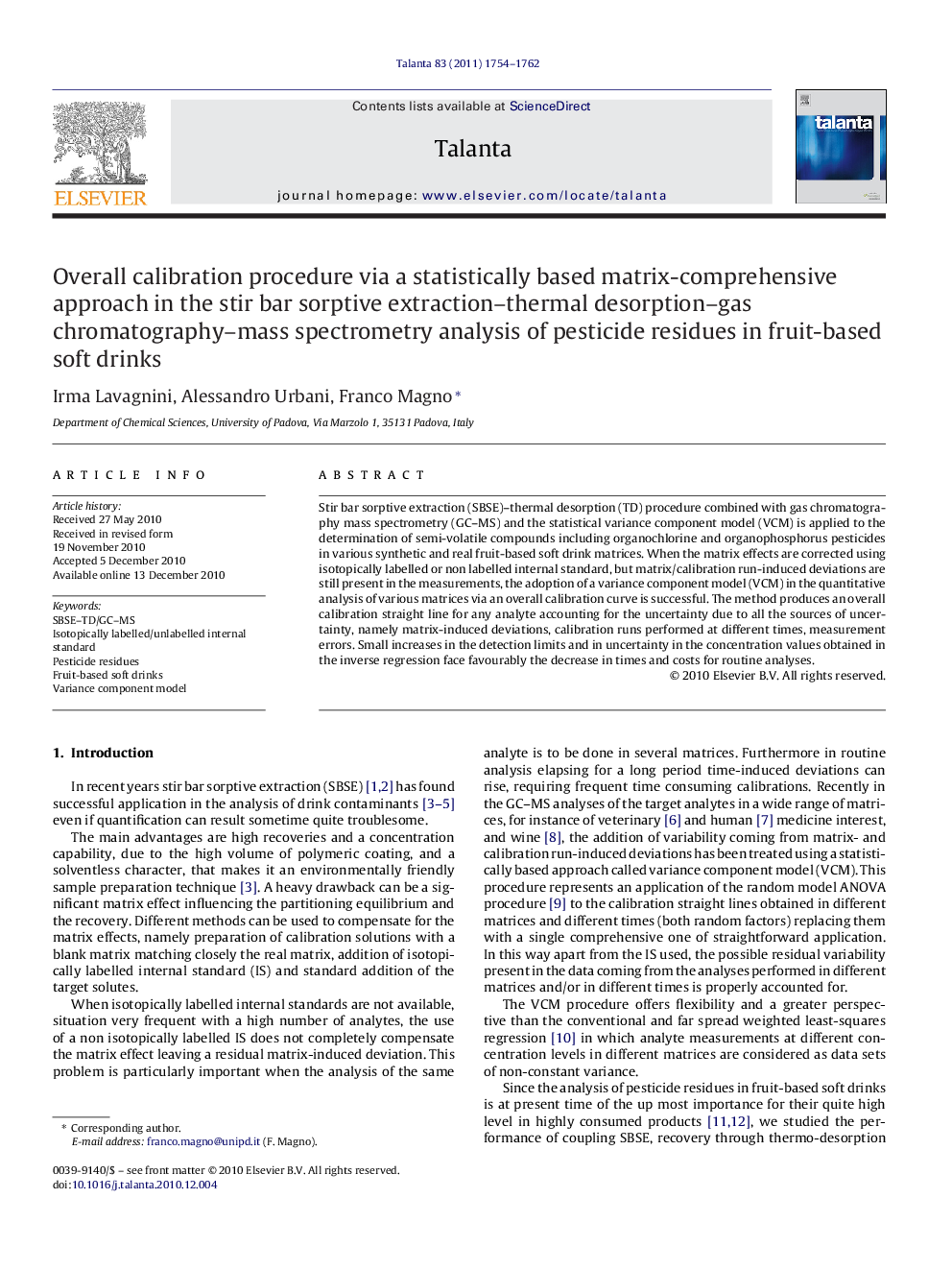 Overall calibration procedure via a statistically based matrix-comprehensive approach in the stir bar sorptive extraction-thermal desorption-gas chromatography-mass spectrometry analysis of pesticide residues in fruit-based soft drinks