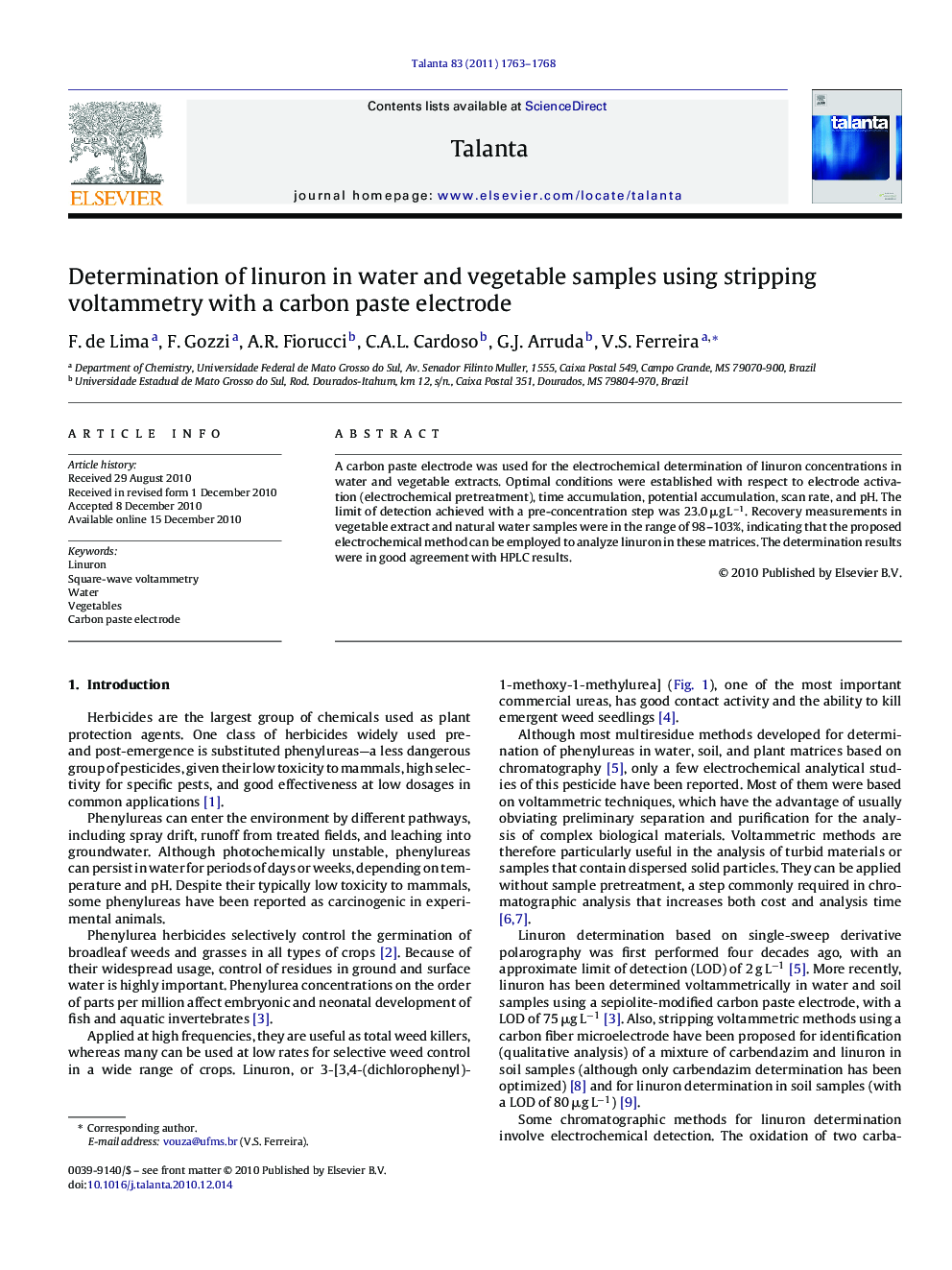 Determination of linuron in water and vegetable samples using stripping voltammetry with a carbon paste electrode