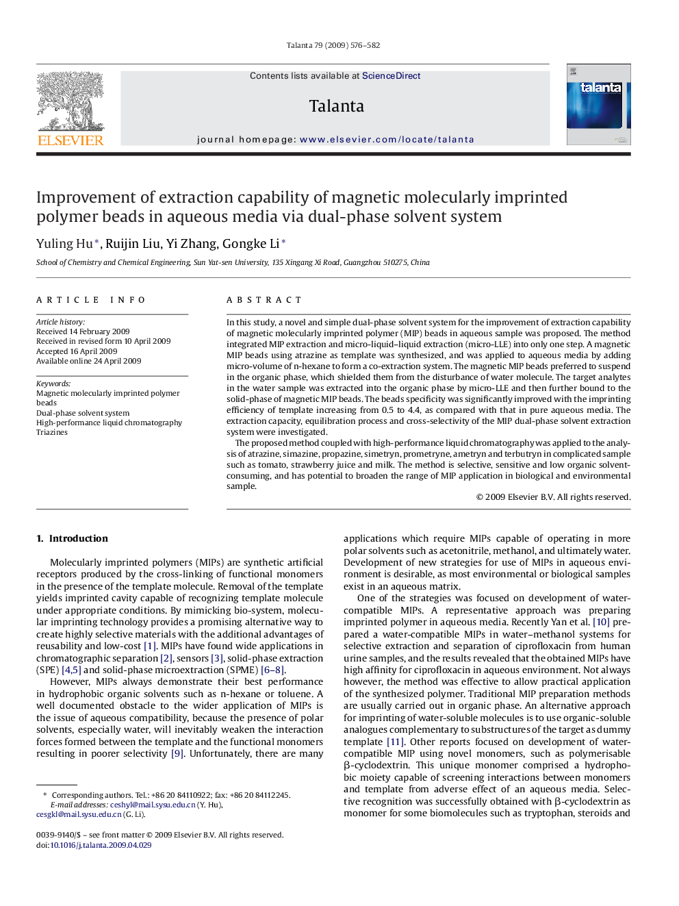 Improvement of extraction capability of magnetic molecularly imprinted polymer beads in aqueous media via dual-phase solvent system