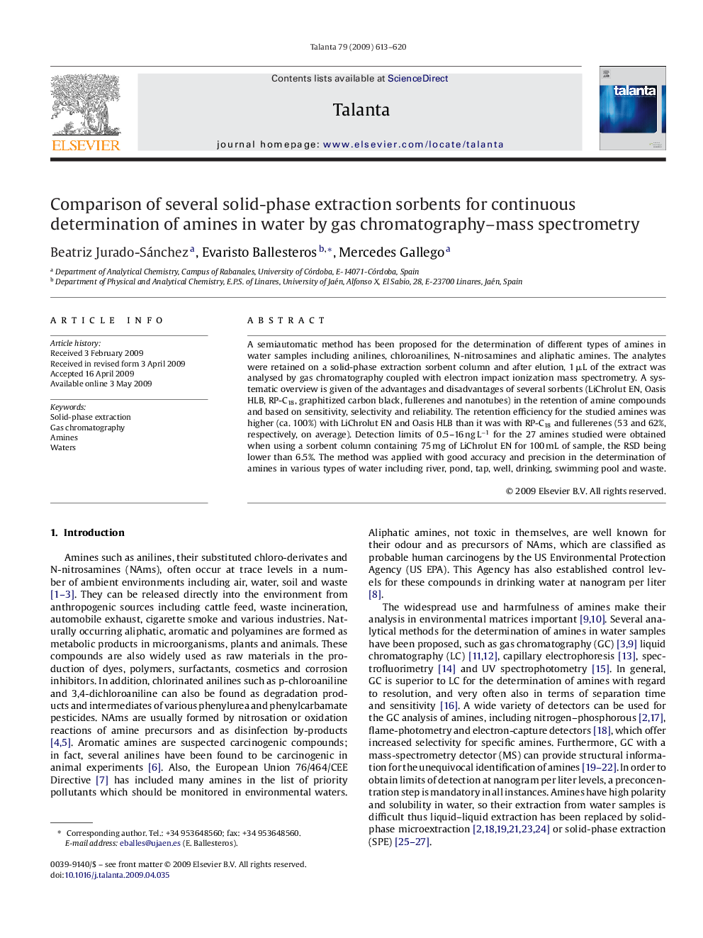 Comparison of several solid-phase extraction sorbents for continuous determination of amines in water by gas chromatography-mass spectrometry