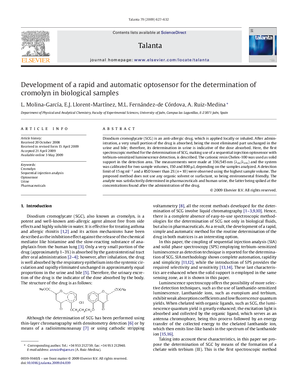 Development of a rapid and automatic optosensor for the determination of cromolyn in biological samples