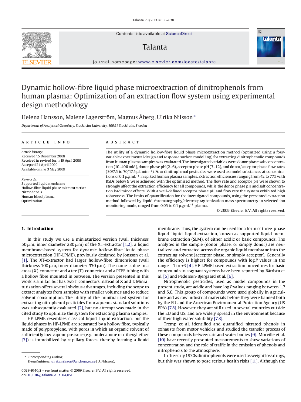 Dynamic hollow-fibre liquid phase microextraction of dinitrophenols from human plasma: Optimization of an extraction flow system using experimental design methodology