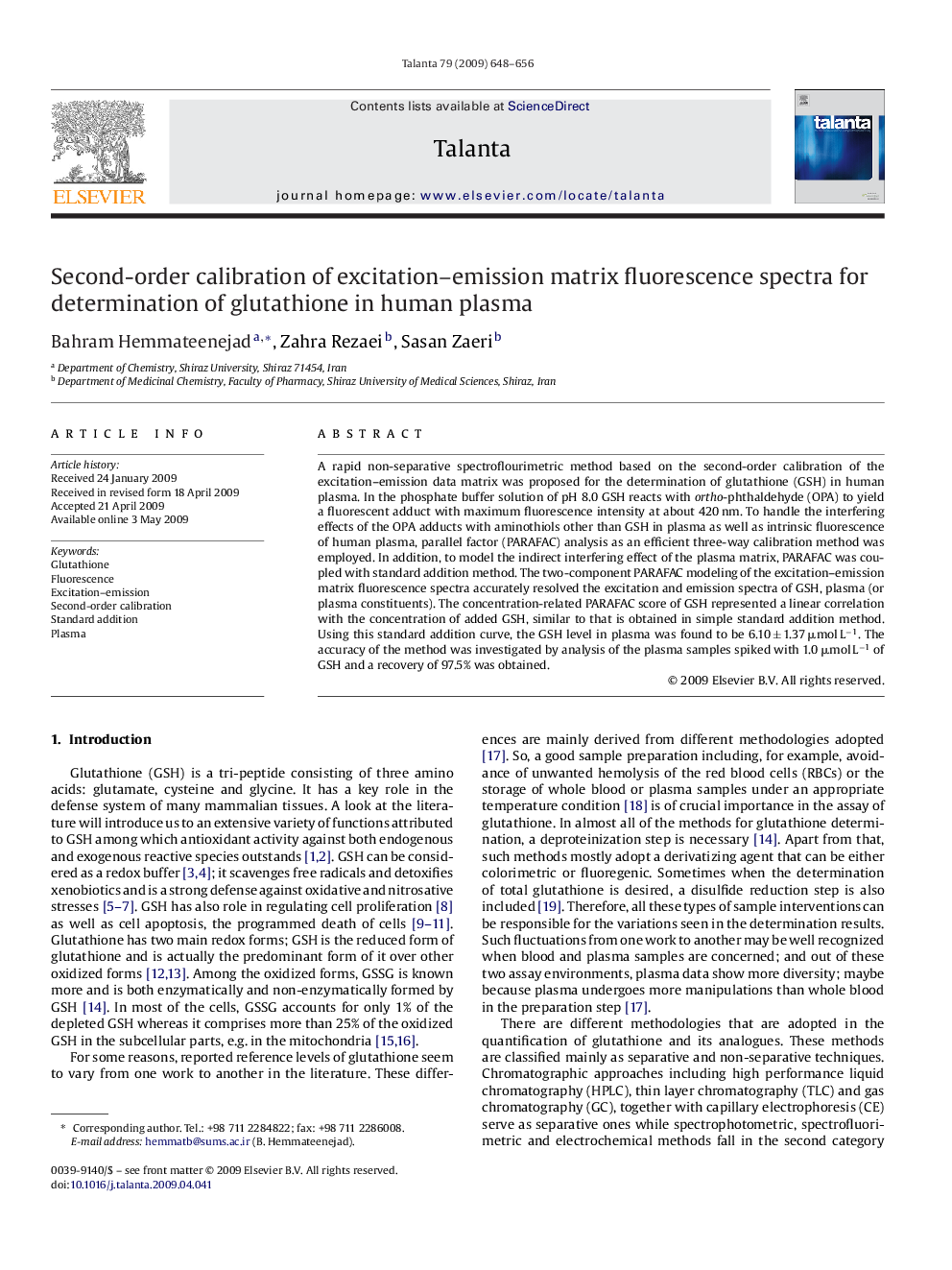 Second-order calibration of excitation-emission matrix fluorescence spectra for determination of glutathione in human plasma