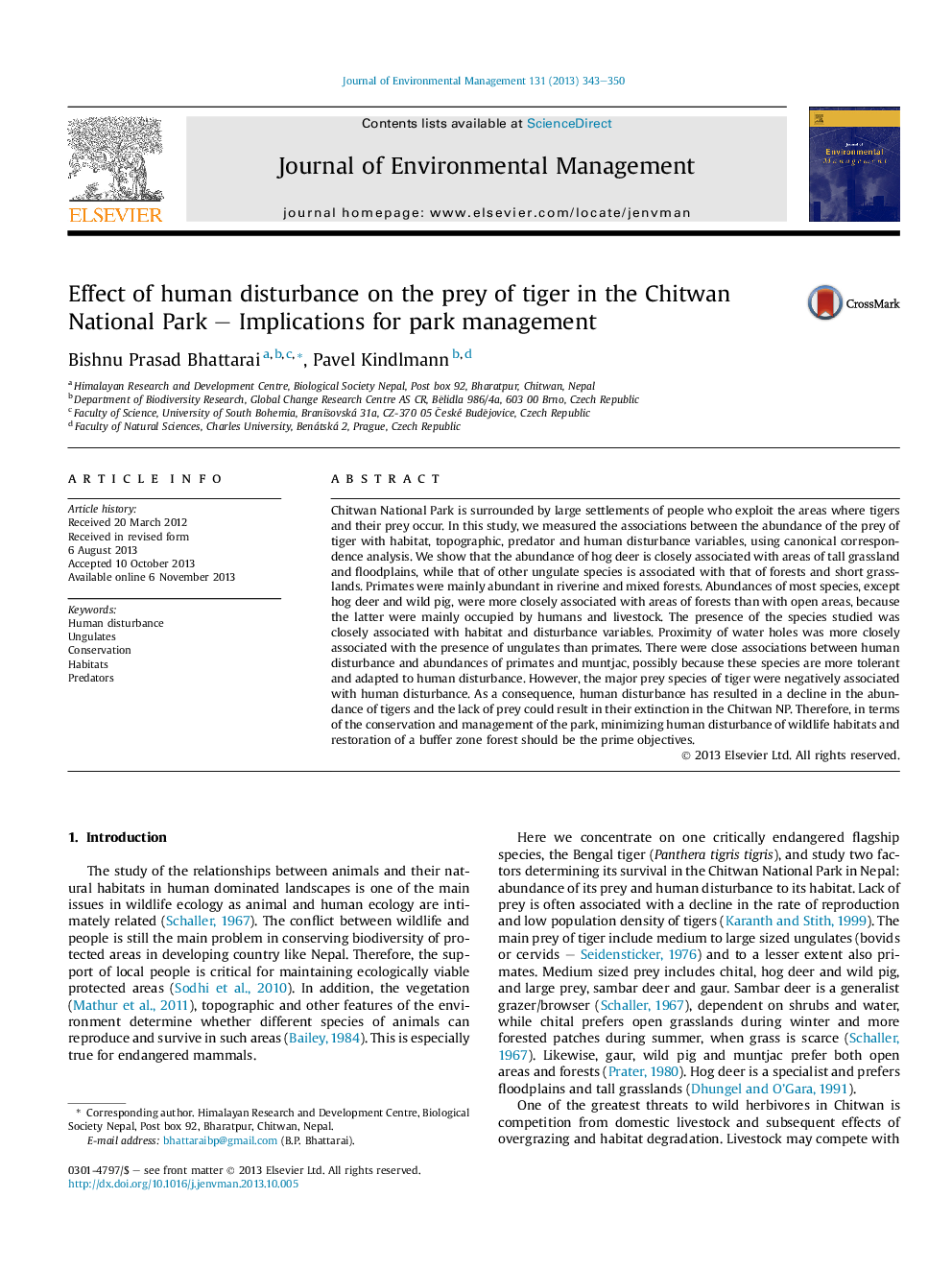 Effect of human disturbance on the prey of tiger in the Chitwan National Park – Implications for park management