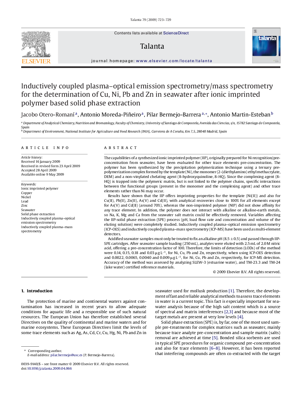 Inductively coupled plasma-optical emission spectrometry/mass spectrometry for the determination of Cu, Ni, Pb and Zn in seawater after ionic imprinted polymer based solid phase extraction