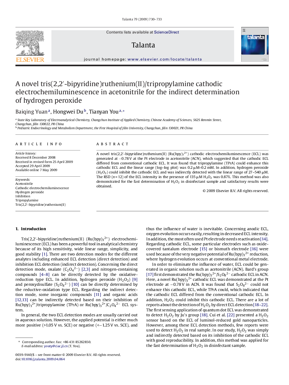 A novel tris(2,2â²-bipyridine)ruthenium(II)/tripropylamine cathodic electrochemiluminescence in acetonitrile for the indirect determination of hydrogen peroxide