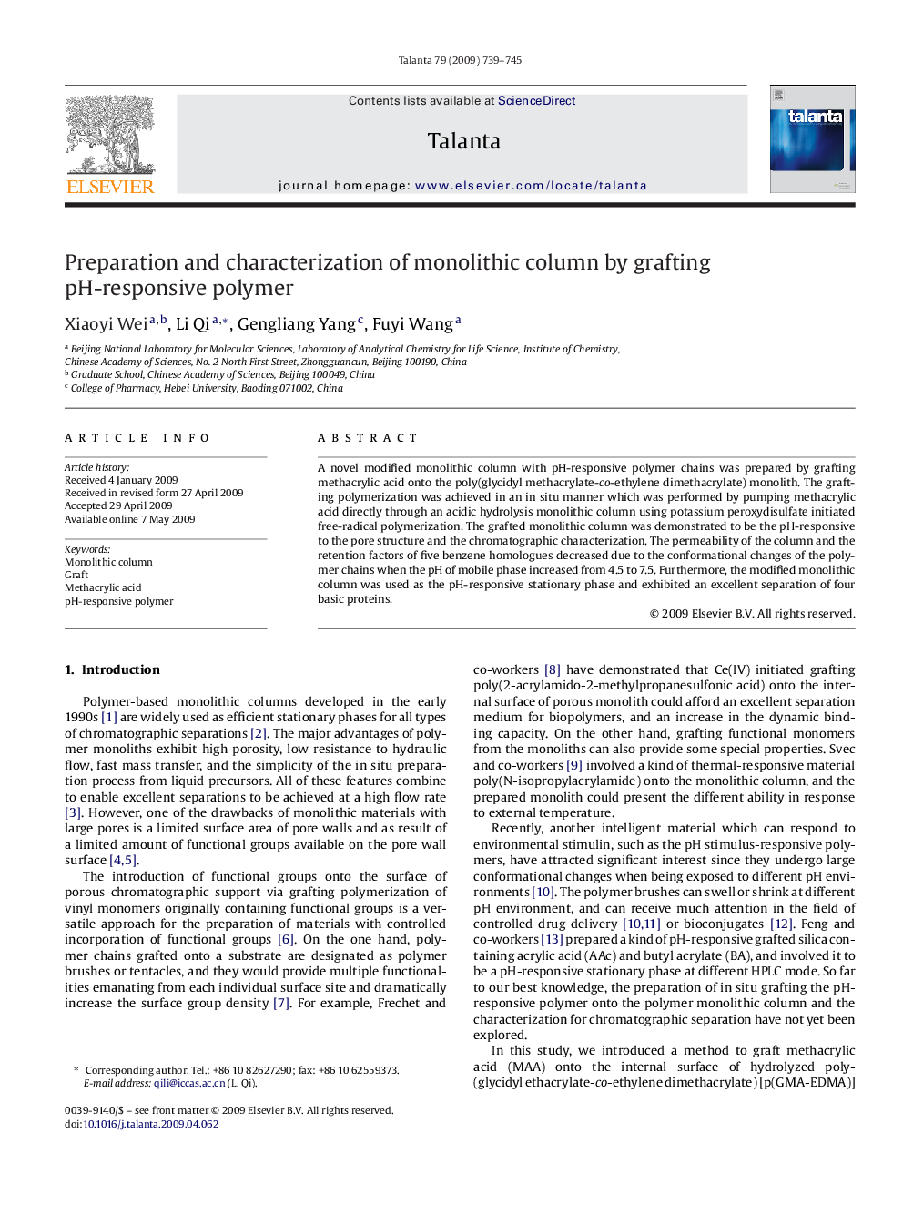 Preparation and characterization of monolithic column by grafting pH-responsive polymer