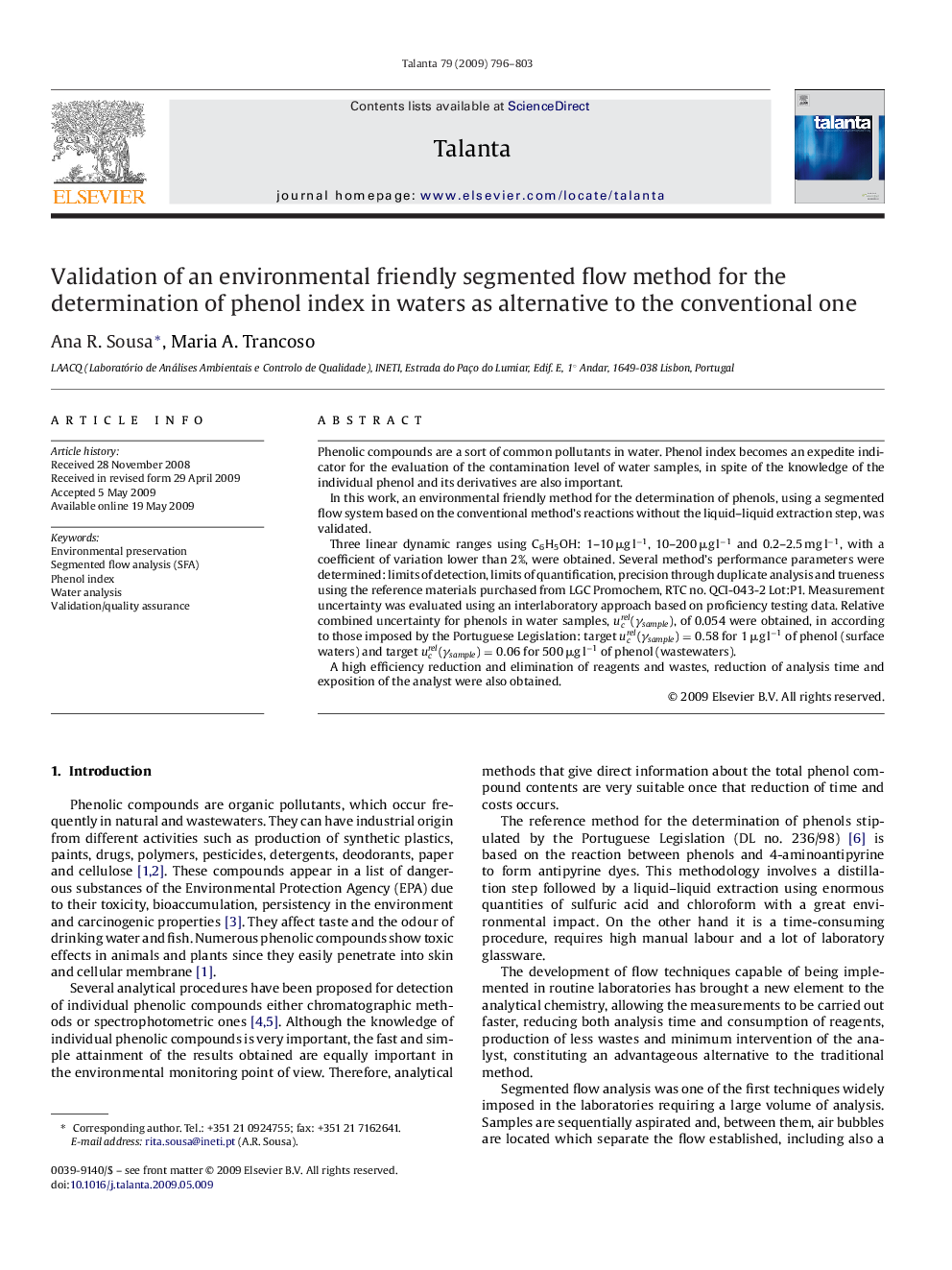 Validation of an environmental friendly segmented flow method for the determination of phenol index in waters as alternative to the conventional one