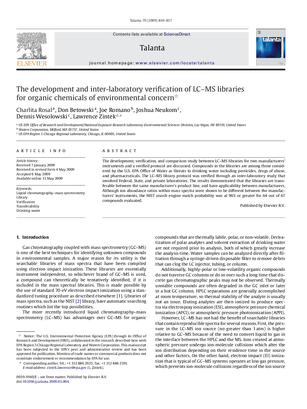 The development and inter-laboratory verification of LC-MS libraries for organic chemicals of environmental concern