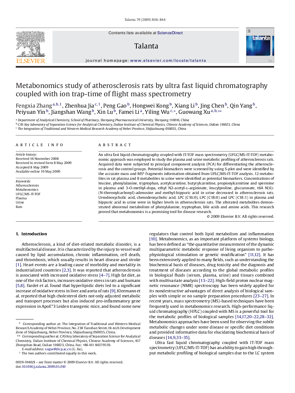 Metabonomics study of atherosclerosis rats by ultra fast liquid chromatography coupled with ion trap-time of flight mass spectrometry