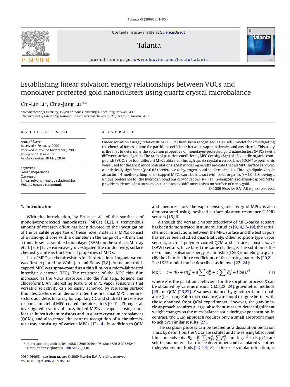 Establishing linear solvation energy relationships between VOCs and monolayer-protected gold nanoclusters using quartz crystal microbalance