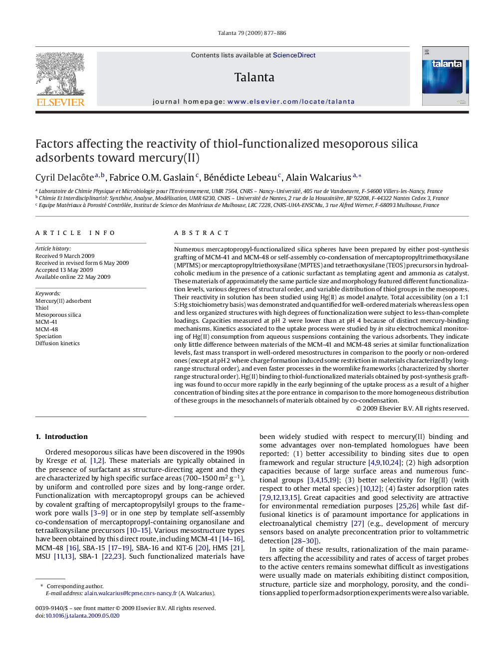 Factors affecting the reactivity of thiol-functionalized mesoporous silica adsorbents toward mercury(II)