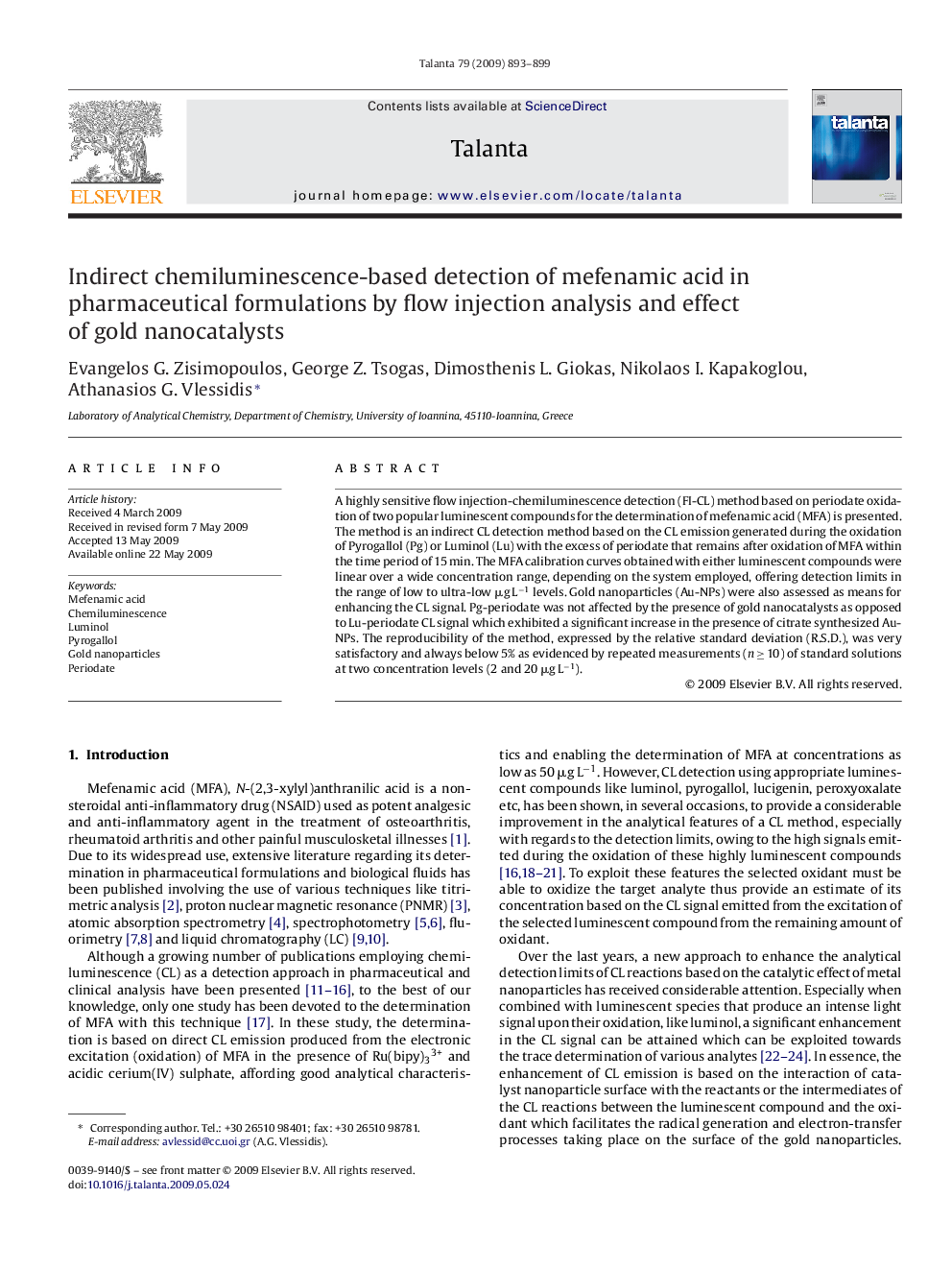 Indirect chemiluminescence-based detection of mefenamic acid in pharmaceutical formulations by flow injection analysis and effect of gold nanocatalysts