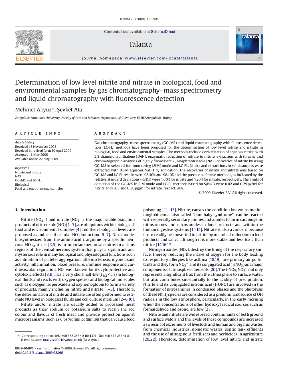 Determination of low level nitrite and nitrate in biological, food and environmental samples by gas chromatography-mass spectrometry and liquid chromatography with fluorescence detection