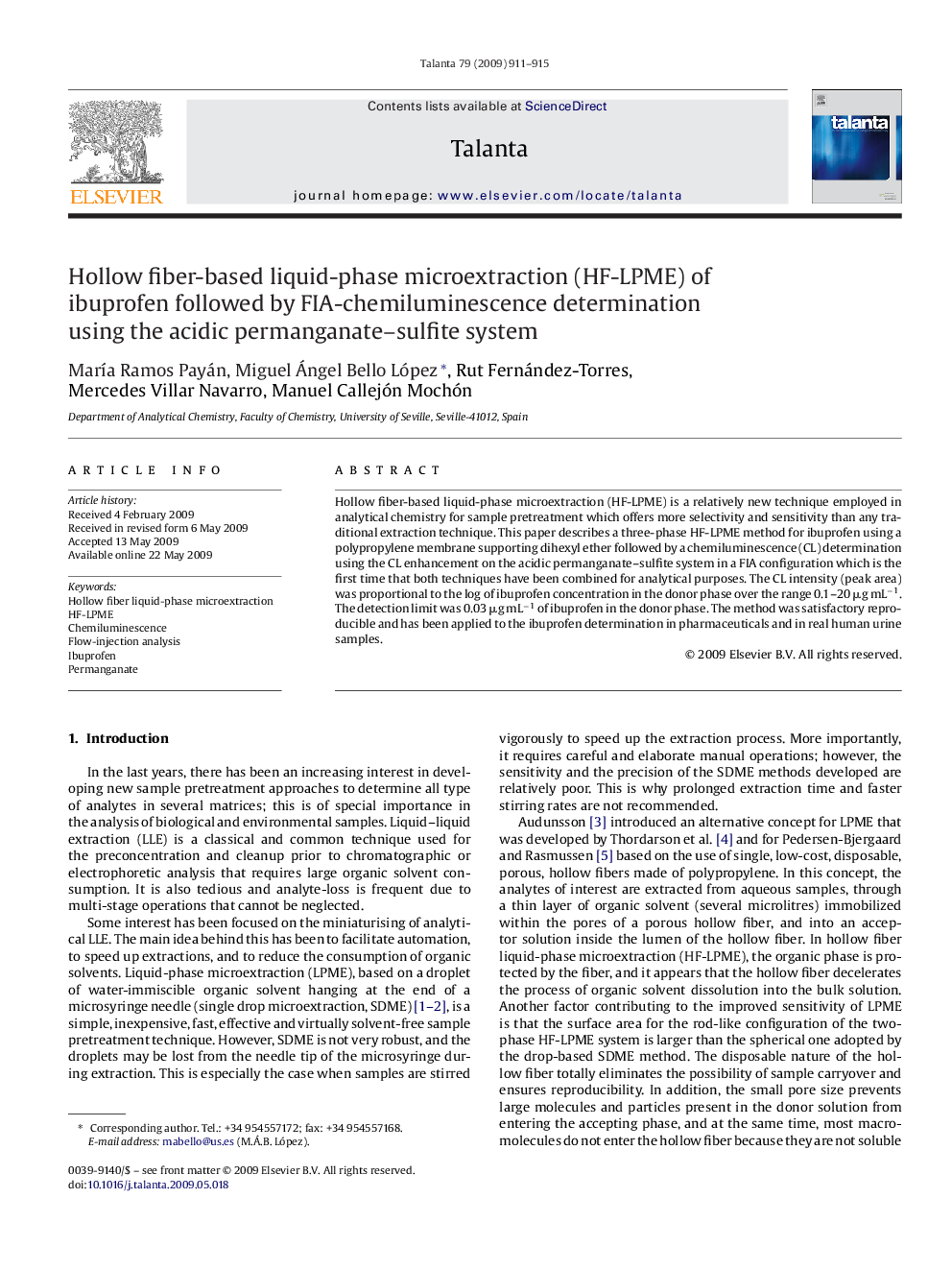 Hollow fiber-based liquid-phase microextraction (HF-LPME) of ibuprofen followed by FIA-chemiluminescence determination using the acidic permanganate-sulfite system