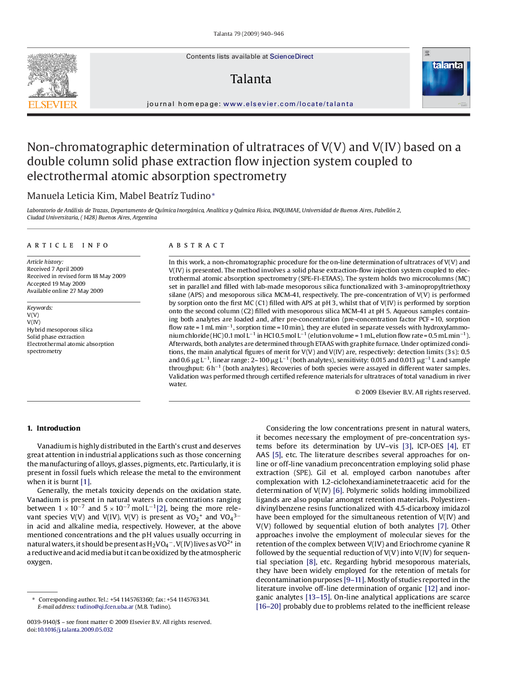 Non-chromatographic determination of ultratraces of V(V) and V(IV) based on a double column solid phase extraction flow injection system coupled to electrothermal atomic absorption spectrometry