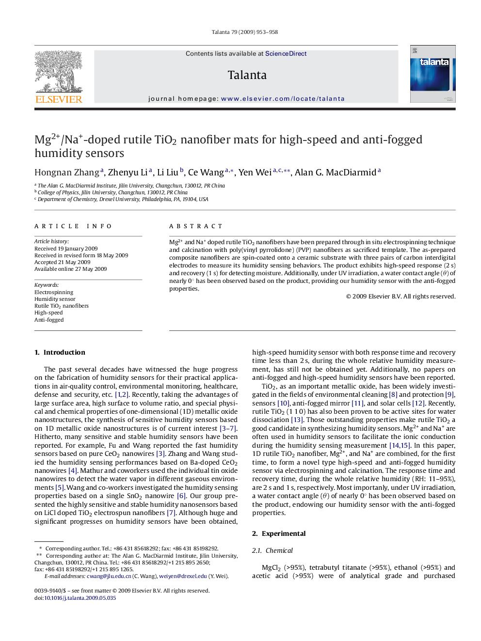 Mg2+/Na+-doped rutile TiO2 nanofiber mats for high-speed and anti-fogged humidity sensors