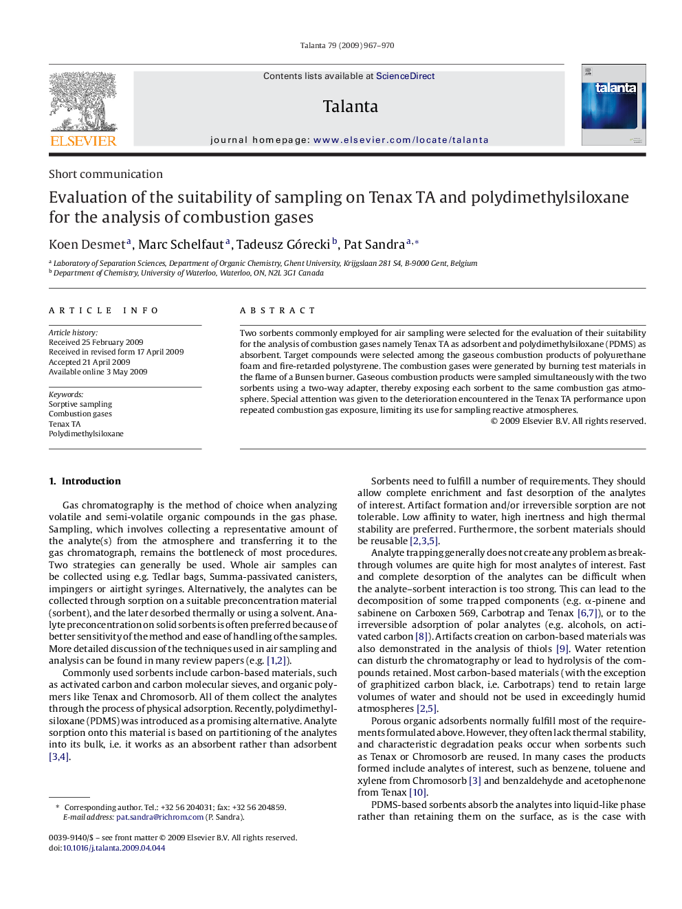 Evaluation of the suitability of sampling on Tenax TA and polydimethylsiloxane for the analysis of combustion gases