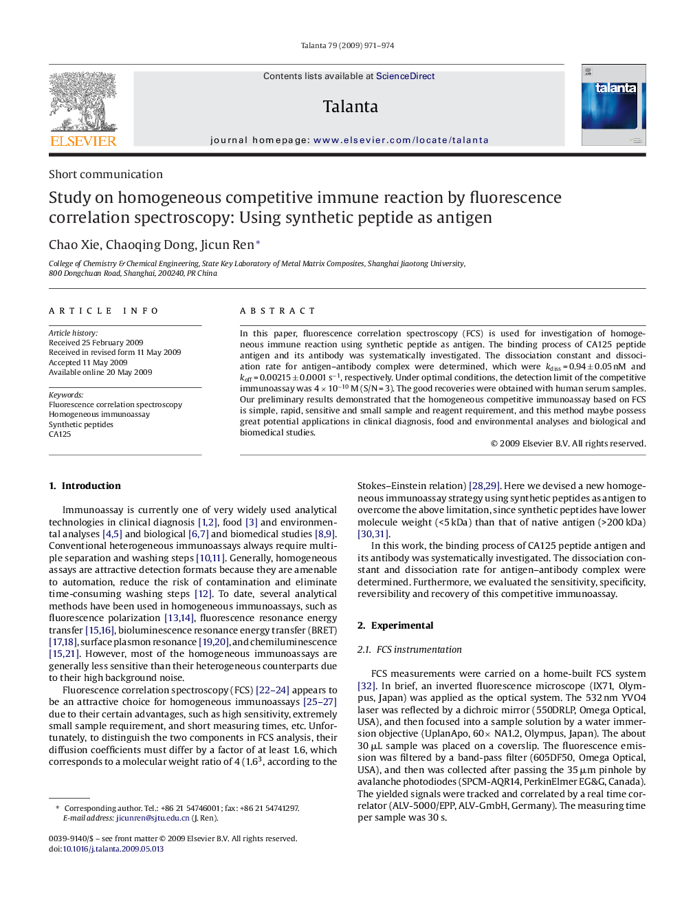 Study on homogeneous competitive immune reaction by fluorescence correlation spectroscopy: Using synthetic peptide as antigen