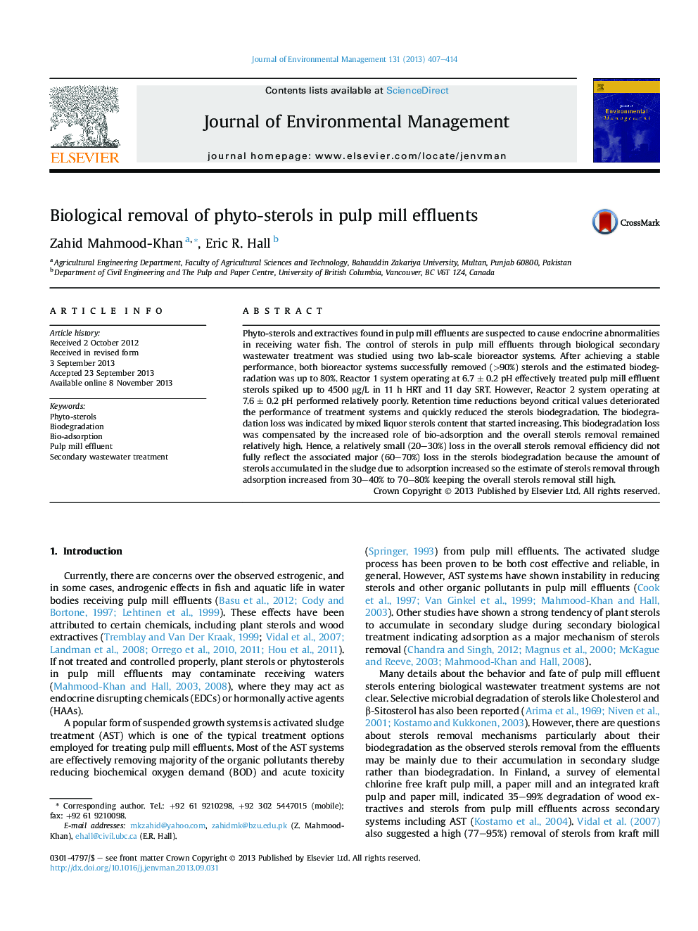 Biological removal of phyto-sterols in pulp mill effluents